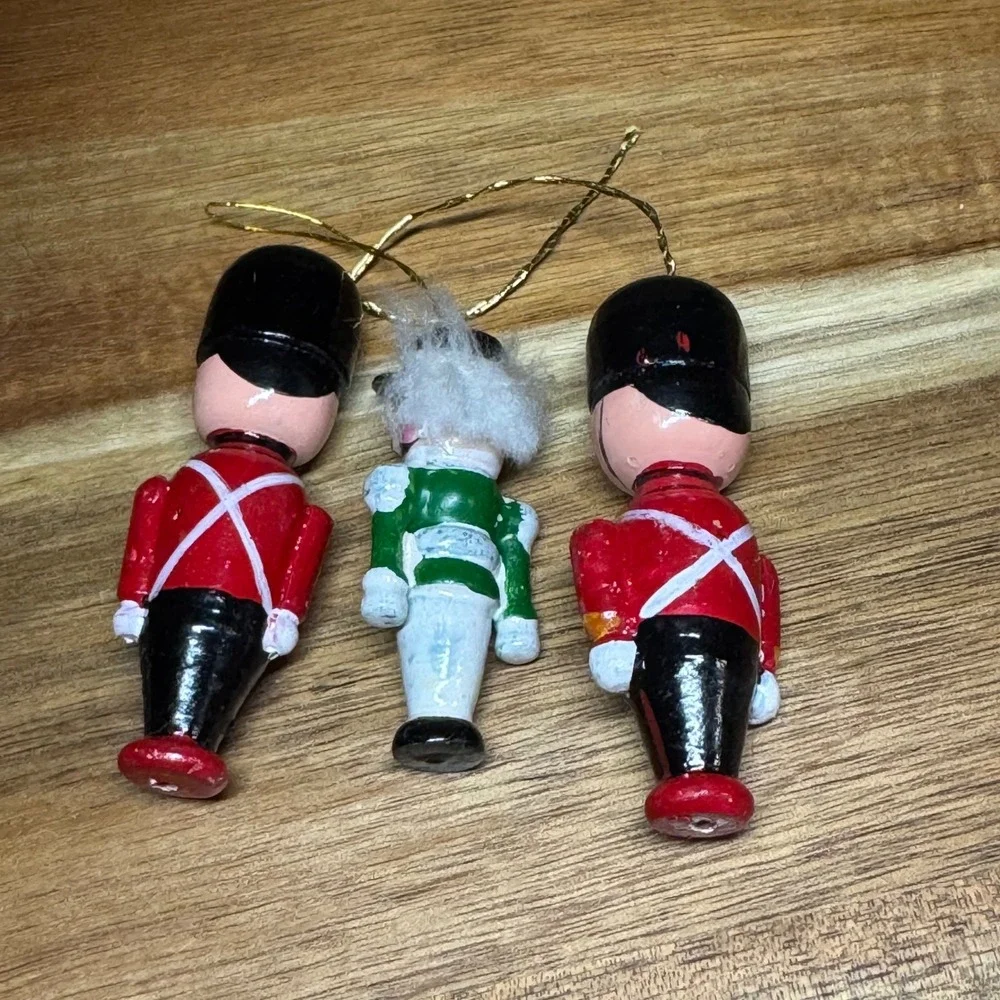 Vtg Wooden Nutcracker British Guard Christmas Ornaments Set of 3 Hand Painted